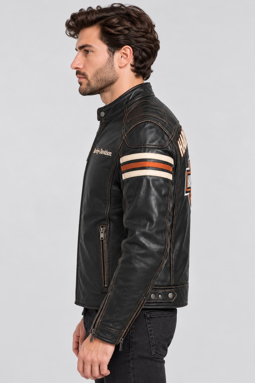 Men's Black Cowhide Racing Biker Jacket – Inspired by Harley-Davidson sid view by avanzar leather