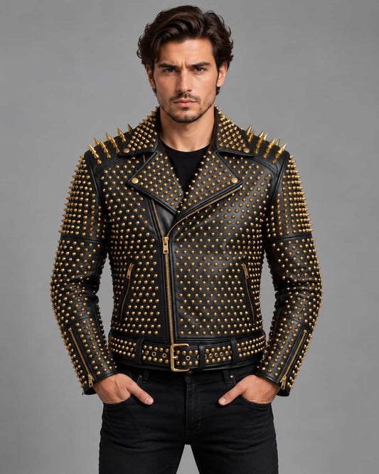 Men's Black Gold Spiked Studded Leather Biker Jacket with Belt front view by avanzar leather