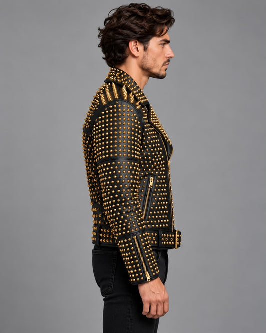 Men's Black Gold Spiked Studded Leather Biker Jacket with Belt sid view by avanzar leather