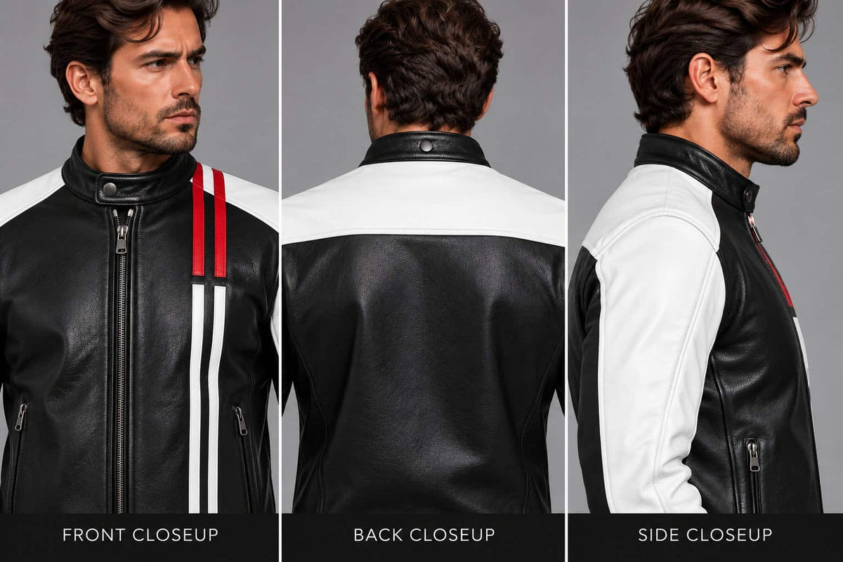 Men's Black Leather Biker Jacket White Sleeves Red Stripe Closeup Detail