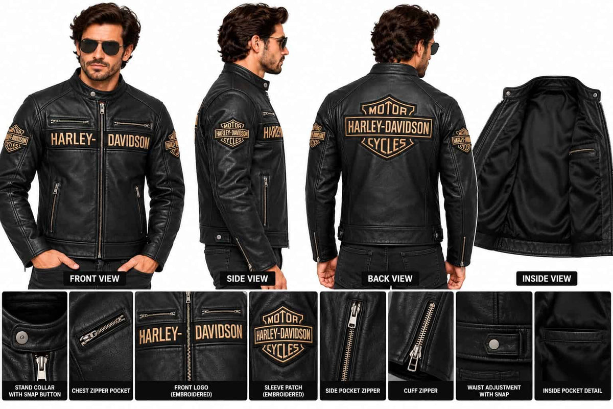 Men's Black Leather Biker Jacket with Tan Accents – Inspired by Harley-Davidson anatomy view by avanzar leather