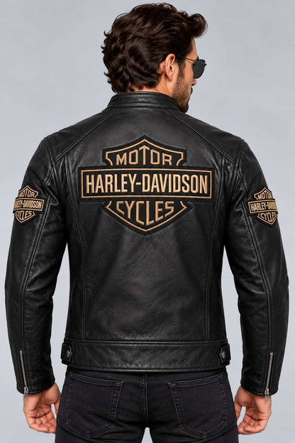 Men's Black Leather Biker Jacket with Tan Accents – Inspired by Harley-Davidson back view by avanzar leather