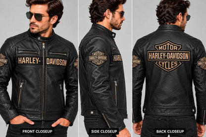 Men's Black Leather Biker Jacket with Tan Accents – Inspired by Harley-Davidson closeup view by avanzar leather