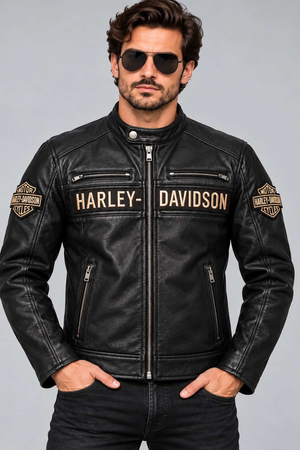 Men's Black Leather Biker Jacket with Tan Accents – Inspired by Harley-Davidson front view by avanzar leather