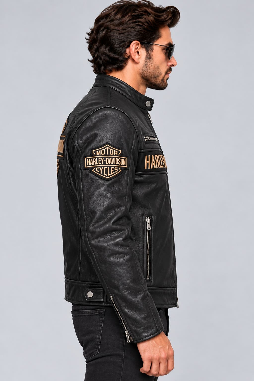 Men's Black Leather Biker Jacket with Tan Accents – Inspired by Harley-Davidson sid view by avanzar leather