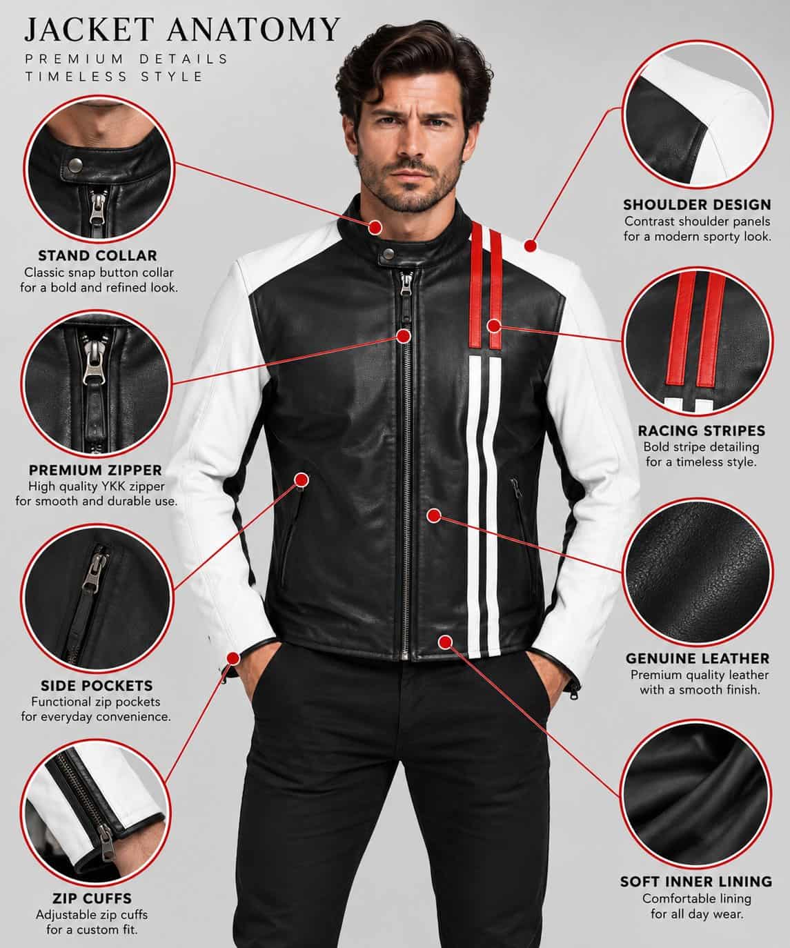Men's Black Leather Biker Jacket with White Sleeves and Red Stripe Anatomy View