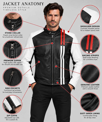 Men's Black Leather Biker Jacket with White Sleeves and Red Stripe Anatomy View