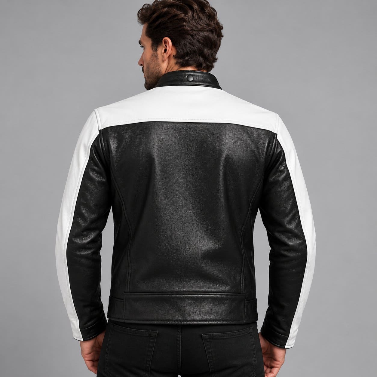 Men's Black Leather Biker Jacket with White Sleeves and Red Stripes Back View
