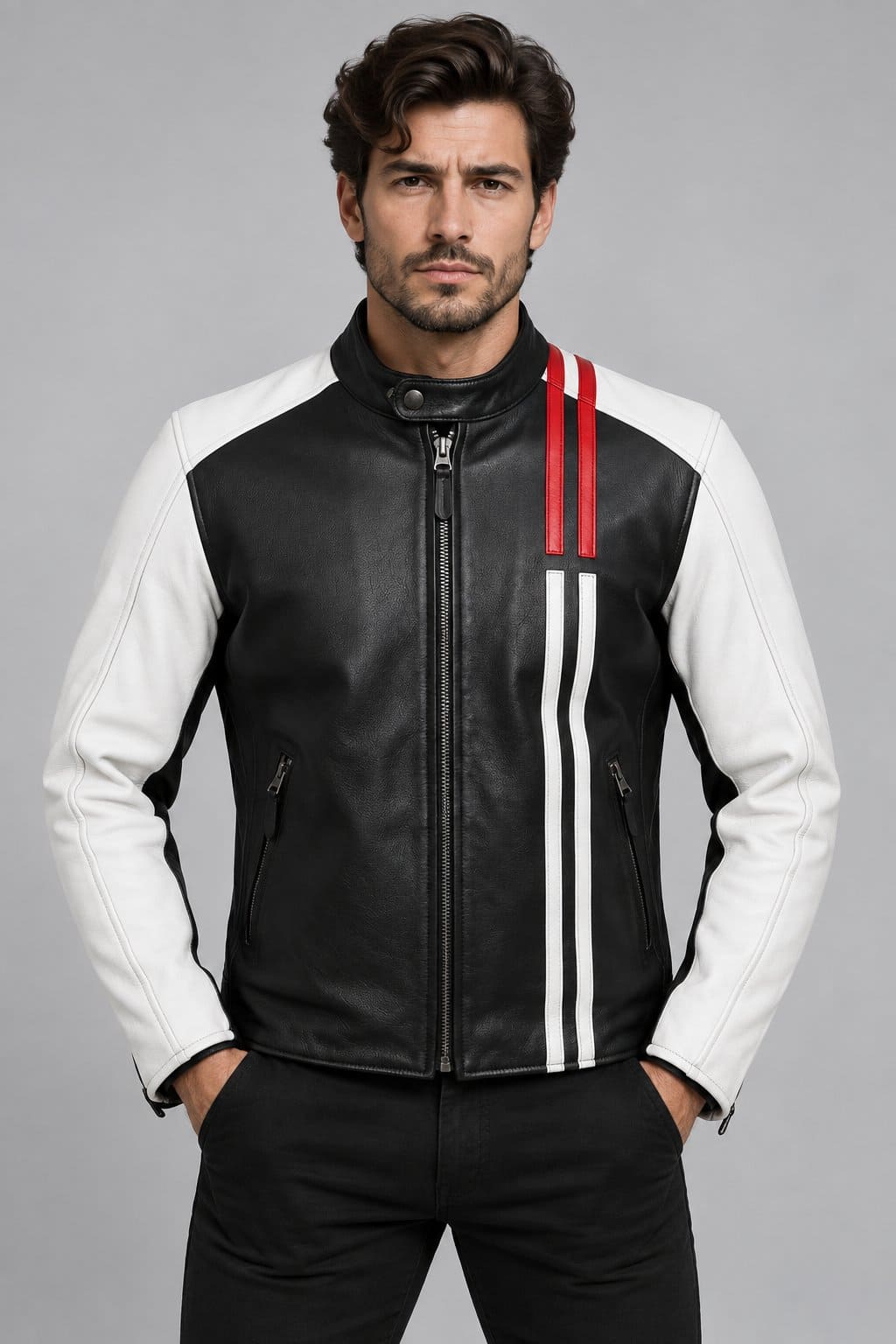 Men's Black Leather Biker Jacket with White Sleeves and Red Stripes Front View