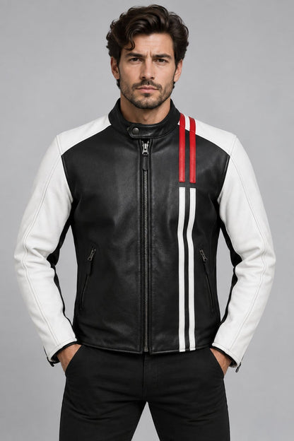 Men's Black Leather Biker Jacket with White Sleeves and Red Stripes Front View