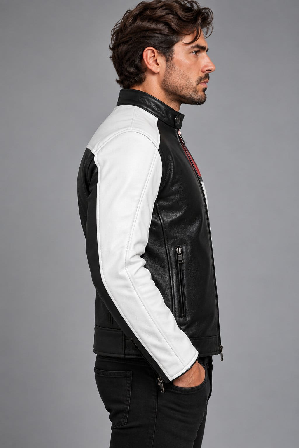 Men's Black Leather Biker Jacket with White Sleeves and Red Stripes Side View