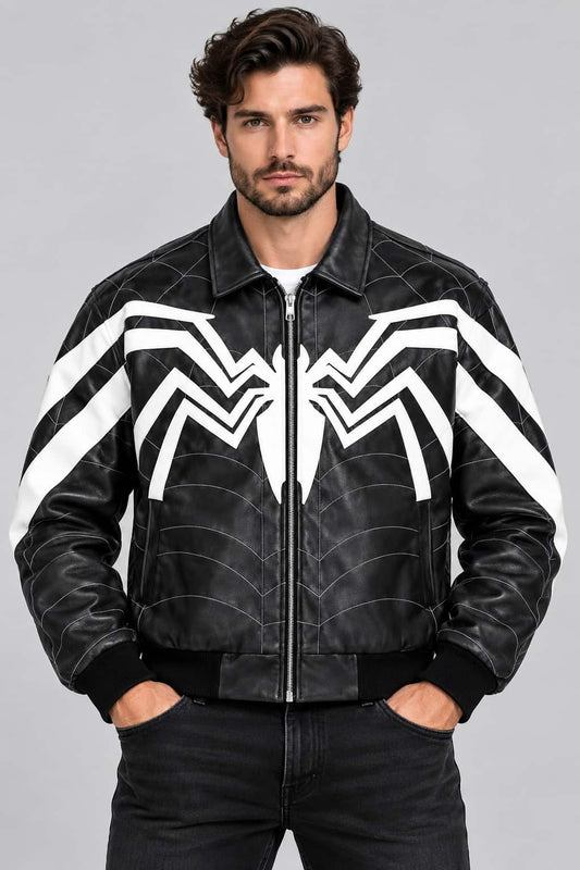 Men's Black Leather Bomber Jacket with White Spider Web Graphic front view by avanzar leather