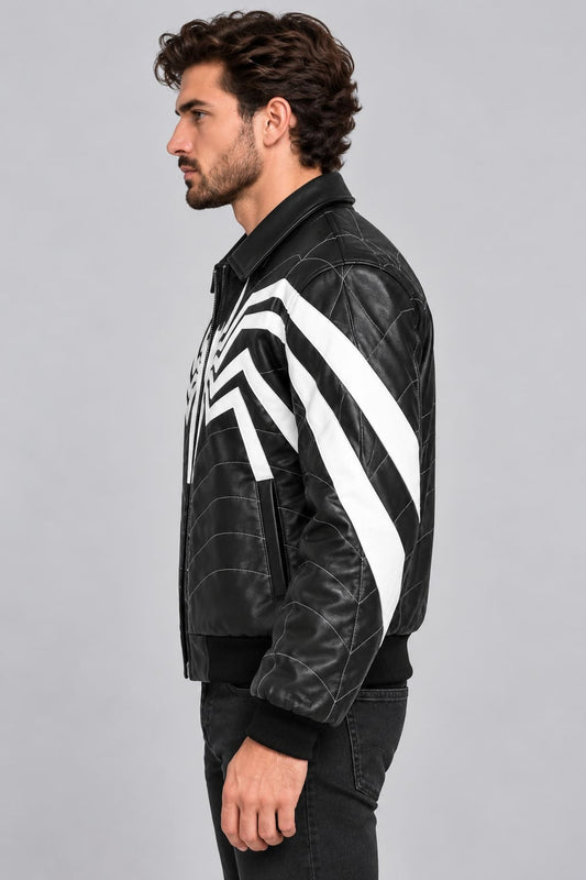 Men's Black Leather Bomber Jacket with White Spider Web Graphic sid view by avanzar leather