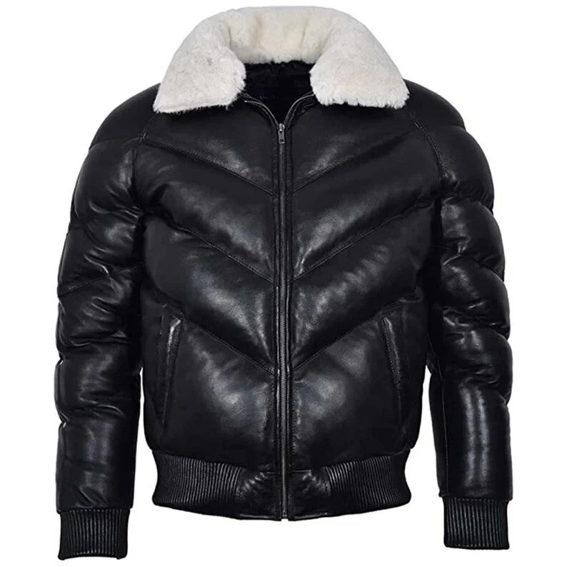 Men’s Black Leather V Bomber Puffer Jacket with White Fur