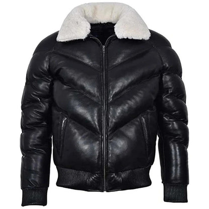 Men’s Black Leather V Bomber Puffer Jacket with White Fur