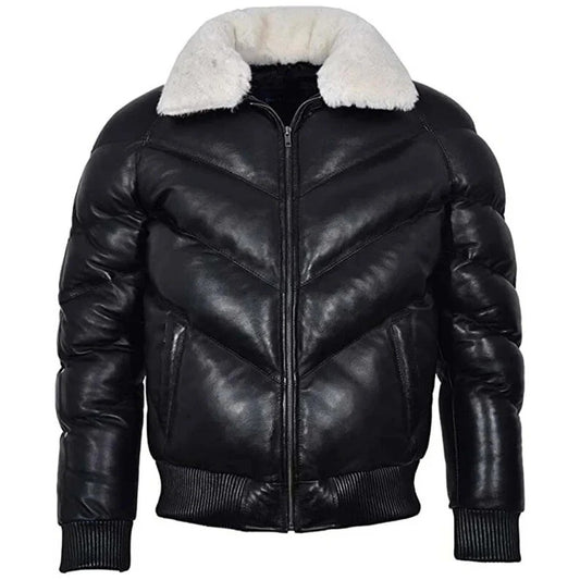 Men’s Black Leather V Bomber Puffer Jacket with White Fur