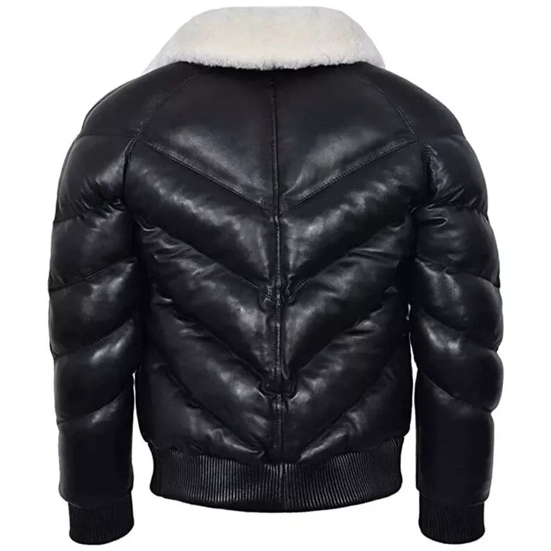 Men’s Black Leather V Bomber Puffer Jacket with White Fur