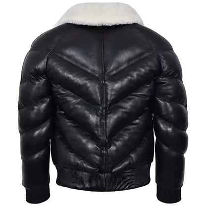 Men’s Black Leather V Bomber Puffer Jacket with White Fur