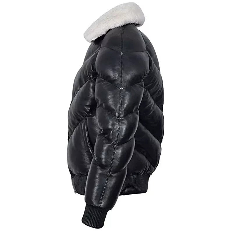 Men’s Black Leather V Bomber Puffer Jacket with White Fur