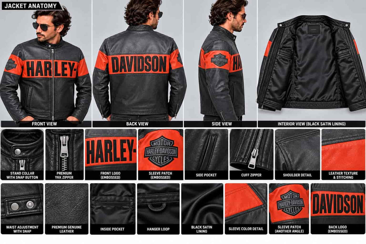 Men's Black & Orange Colour-Block Leather Biker Jacket – Inspired by Harley-Davidson anatomy view  by avanzar leather