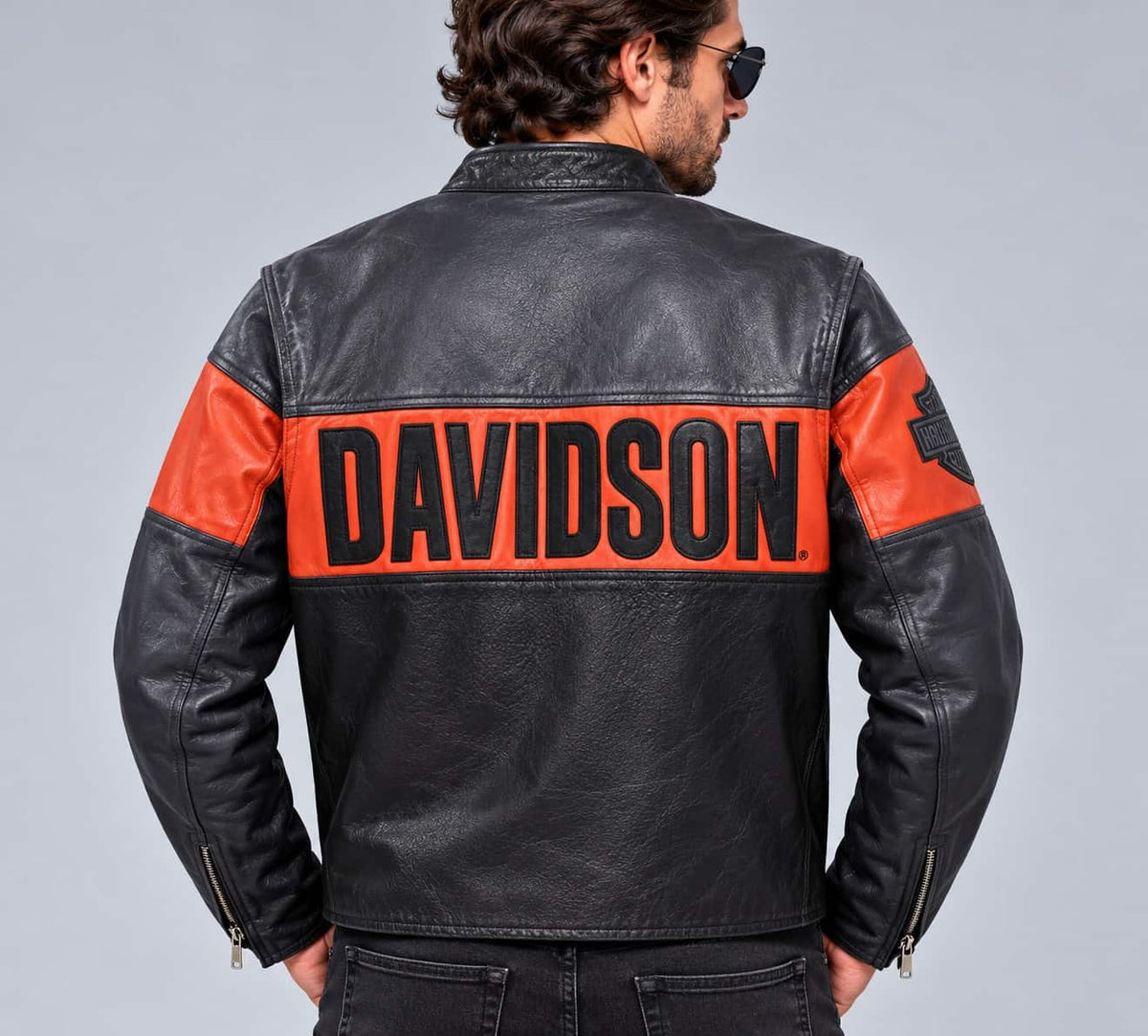 Men's Black & Orange Colour-Block Leather Biker Jacket – Inspired by Harley-Davidson back view  by avanzar leather
