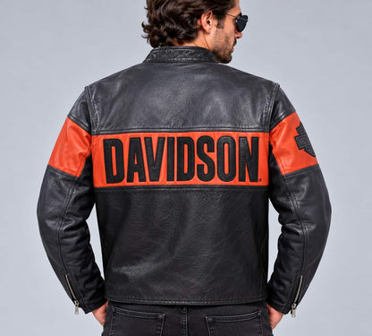 Men's Black & Orange Colour-Block Leather Biker Jacket – Inspired by Harley-Davidson back view  by avanzar leather