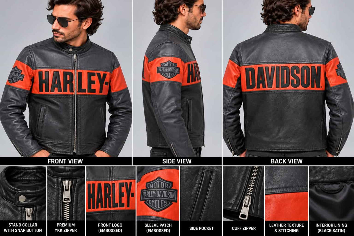 Men's Black & Orange Colour-Block Leather Biker Jacket – Inspired by Harley-Davidson closeup view  by avanzar leather