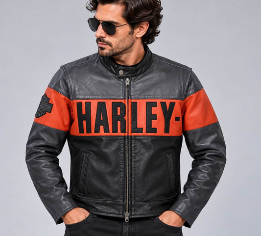 Men's Black & Orange Colour-Block Leather Biker Jacket – Inspired by Harley-Davidson front view  by avanzar leather