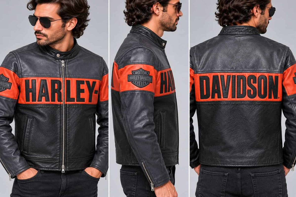 Men's Black & Orange Colour-Block Leather Biker Jacket – Inspired by Harley-Davidson sid view  by avanzar leather
