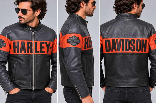 Men's Black & Orange Colour-Block Leather Biker Jacket – Inspired by Harley-Davidson sid view  by avanzar leather