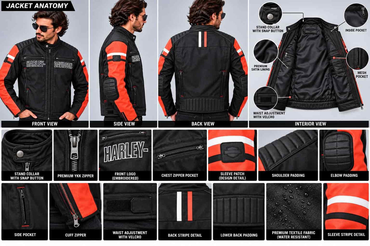 Men's Black & Orange Weather-Resistant Riding Jacket – Inspired by Harley-Davidson anatomy view by avanzar leather