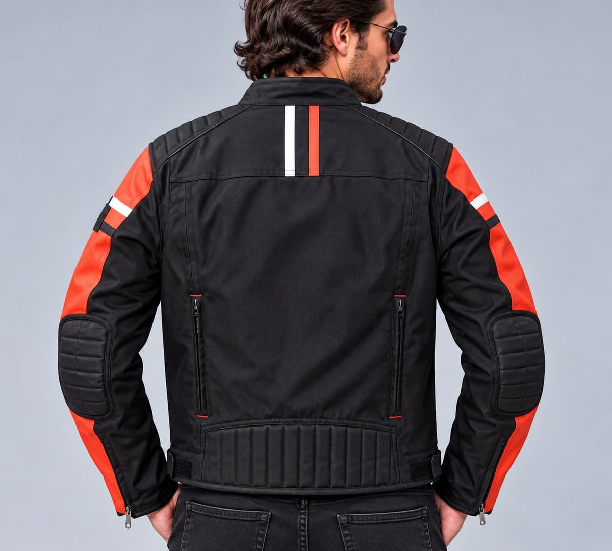 Men's Black & Orange Weather-Resistant Riding Jacket – Inspired by Harley-Davidson back view by avanzar leather
