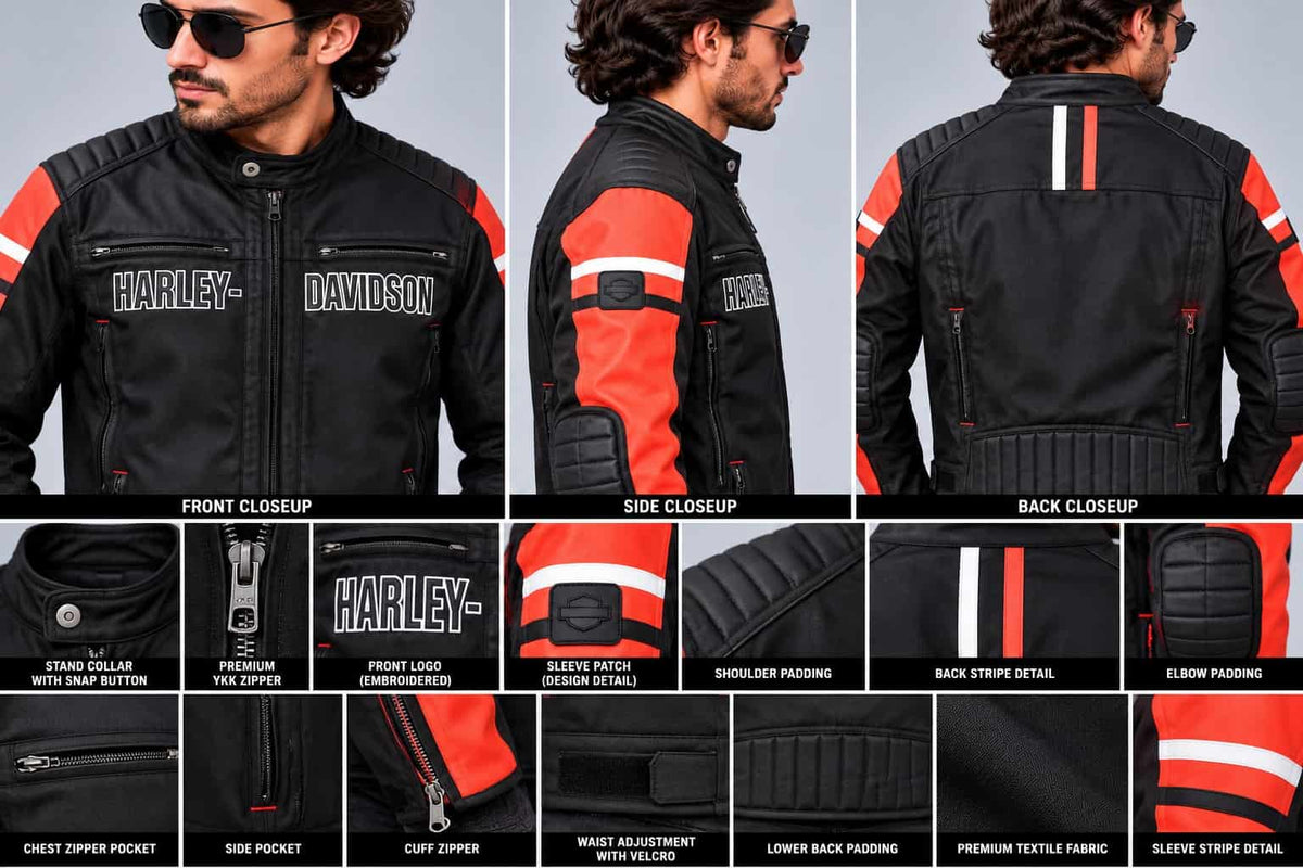 Men's Black & Orange Weather-Resistant Riding Jacket – Inspired by Harley-Davidson closeup view by avanzar leather