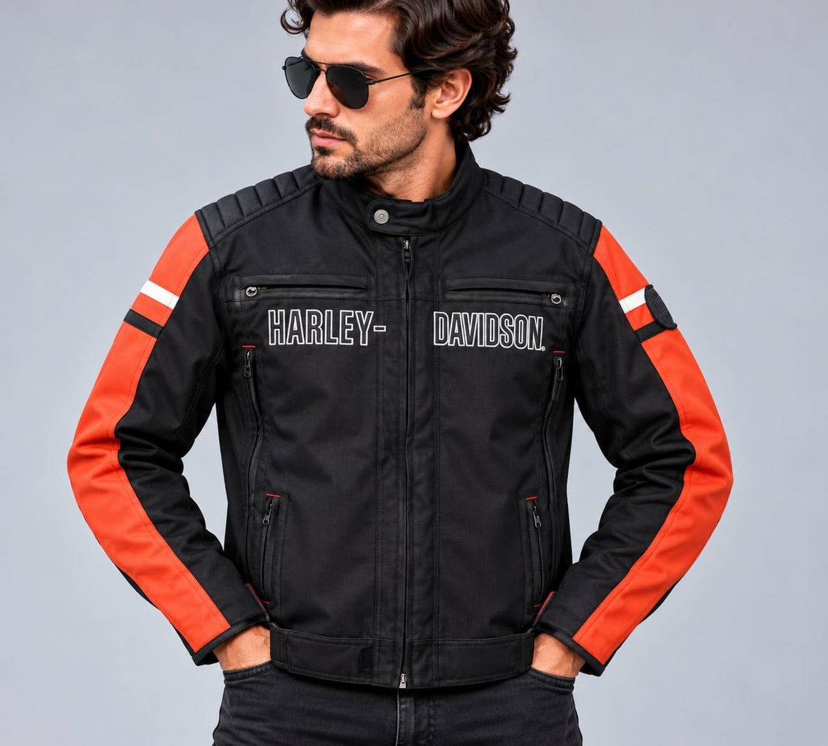 Men's Black & Orange Weather-Resistant Riding Jacket – Inspired by Harley-Davidson front view by avanzar leather