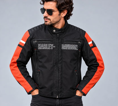 Men's Black & Orange Weather-Resistant Riding Jacket – Inspired by Harley-Davidson front view by avanzar leather