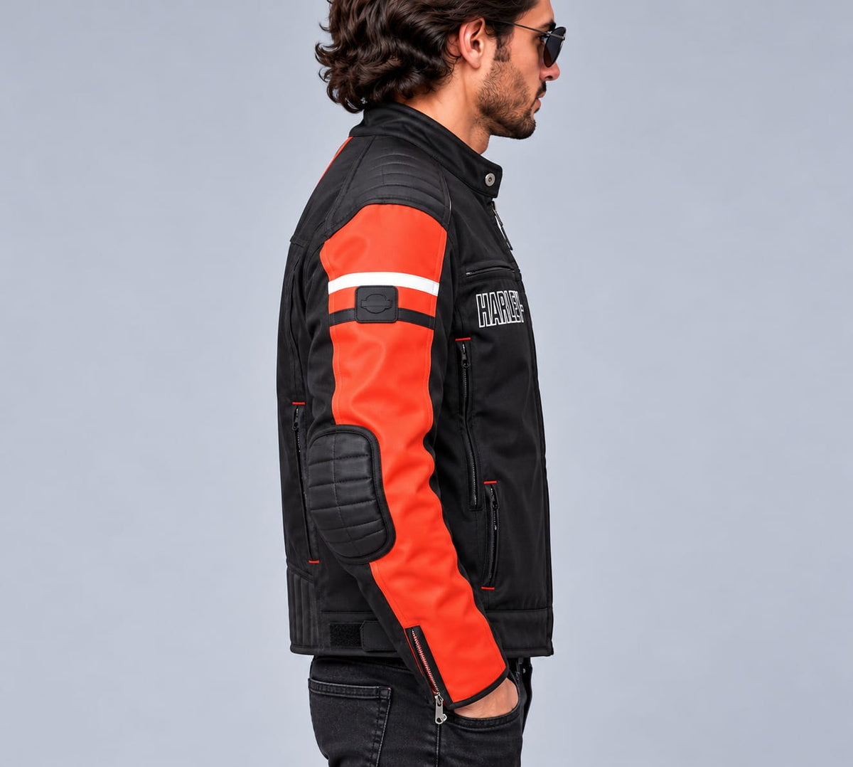 Men's Black & Orange Weather-Resistant Riding Jacket – Inspired by Harley-Davidson sid view by avanzar leather