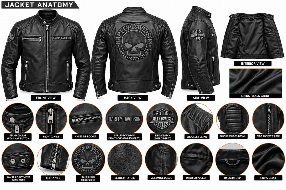 Men's Black Reflective Skull Leather Biker Jacket – Inspired by Harley-Davidson anatomy view by avanzar leather