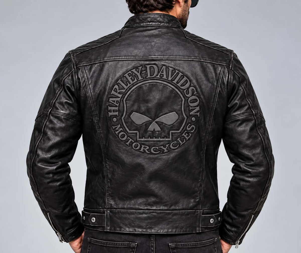 Men's Black Reflective Skull Leather Biker Jacket – Inspired by Harley-Davidson back view by avanzar leather