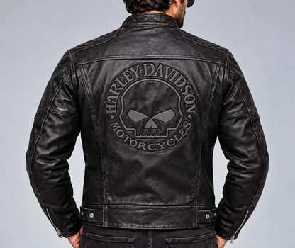 Men's Black Reflective Skull Leather Biker Jacket – Inspired by Harley-Davidson back view by avanzar leather