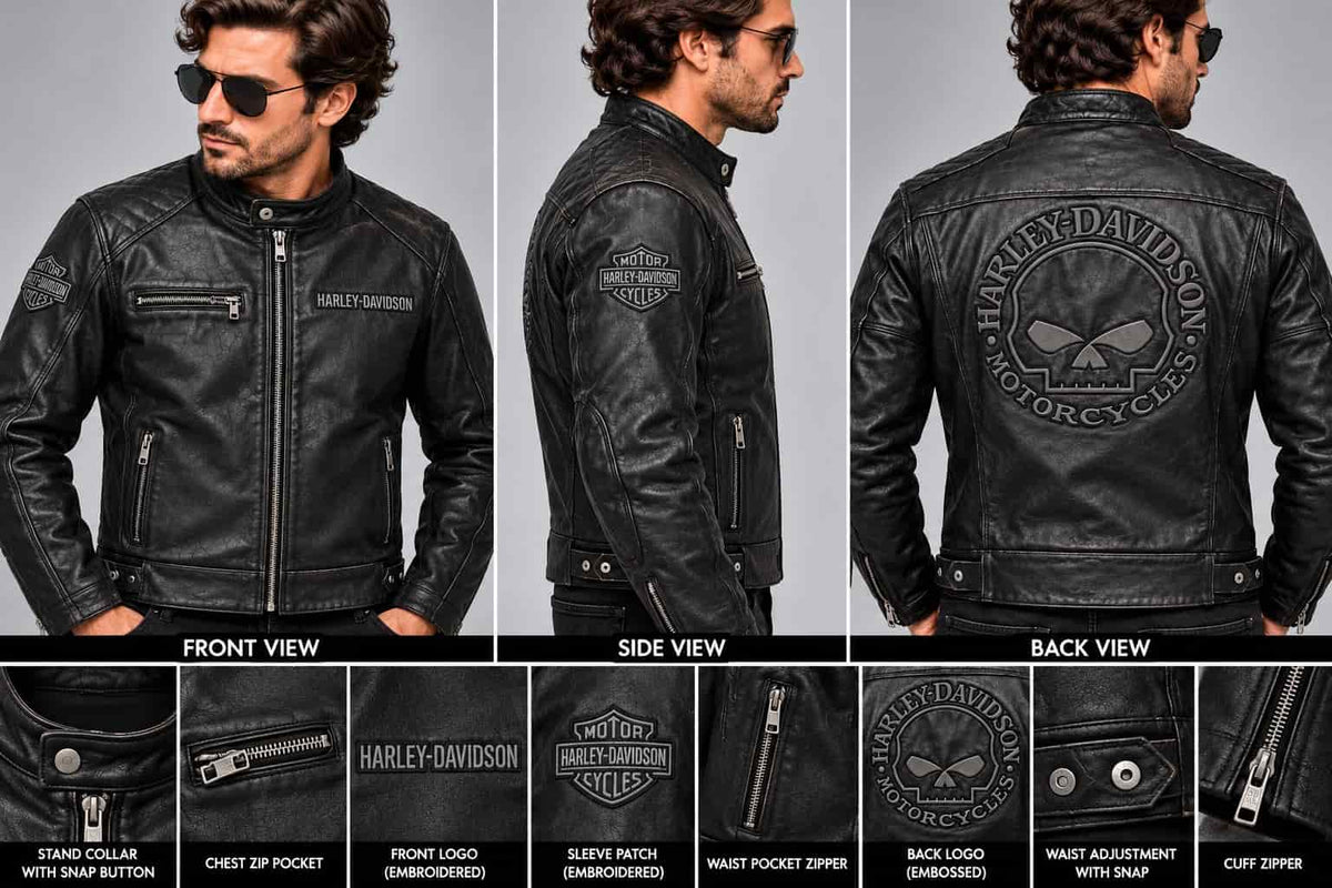 Men's Black Reflective Skull Leather Biker Jacket – Inspired by Harley-Davidson closeup view by avanzar leather