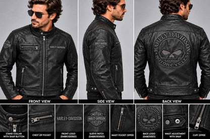 Men's Black Reflective Skull Leather Biker Jacket – Inspired by Harley-Davidson closeup view by avanzar leather
