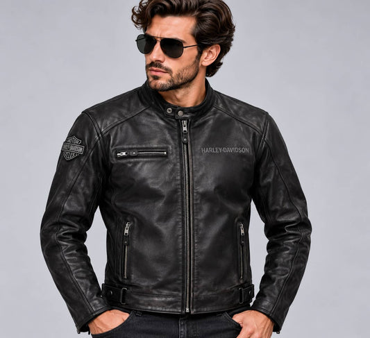Men's Black Reflective Skull Leather Biker Jacket – Inspired by Harley-Davidson front view by avanzar leather
