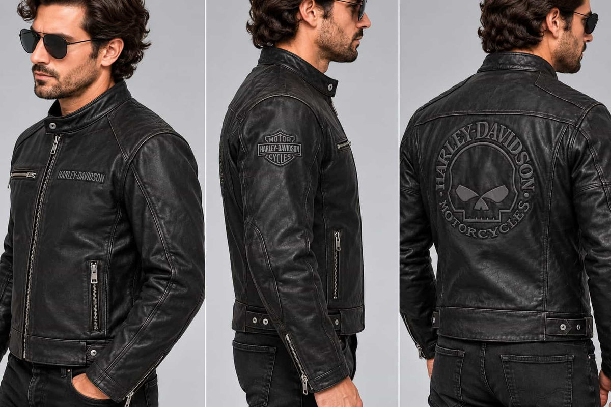 Men's Black Reflective Skull Leather Biker Jacket – Inspired by Harley-Davidson sid view by avanzar leather