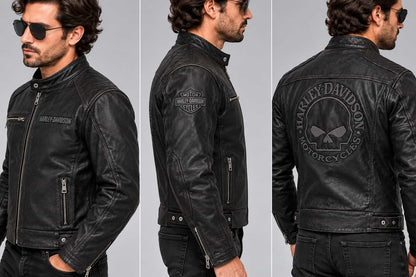 Men's Black Reflective Skull Leather Biker Jacket – Inspired by Harley-Davidson sid view by avanzar leather