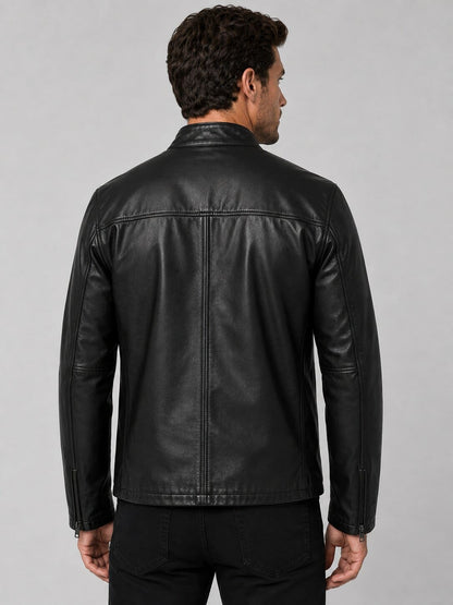 Men's Black Sheepskin Biker Jacket - Classic Leather Design back view by avanzar leather