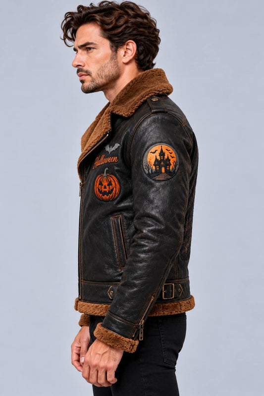 Men's Black Sheepskin Halloween Embroidered Leather Biker Jacket sid view by avanzar leather