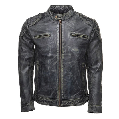 Men’s Black Stone Wash Café Racer Leather Jacket Modern Retro Biker Look