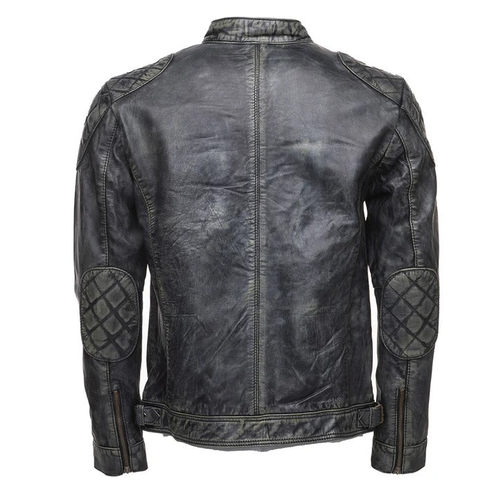 Men’s Black Stone Wash Café Racer Leather Jacket Modern Retro Biker Look