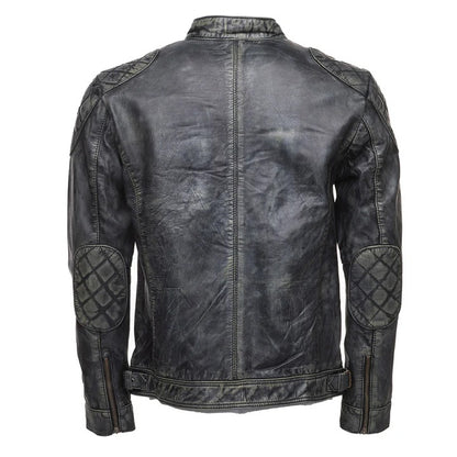 Men’s Black Stone Wash Café Racer Leather Jacket Modern Retro Biker Look