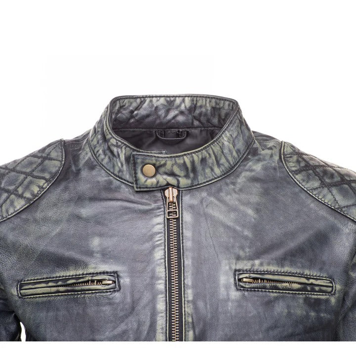 Men’s Black Stone Wash Café Racer Leather Jacket Modern Retro Biker Look